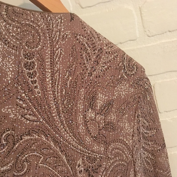 Vintage Formal Cardigan Fairy Bolero Slinky knit Sequin Paisley Taupe Silver L - Picture 10 of 10